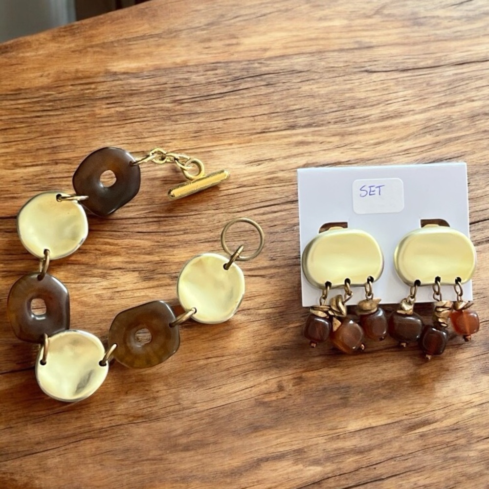 Vintage Matte Gold and Amber Colored Bracelet Clip OnEarrings Set by Lena Fiore